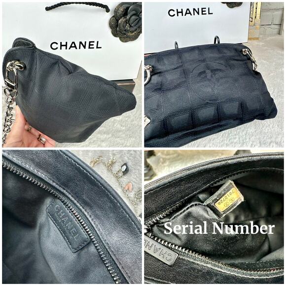 CHANEL Black Canvas New Travel Line Pouch wristlet, Crossbody Bag with Chains - Picture 10 of 16